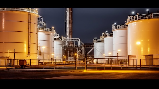 Uma grande planta industrial com uma luz no fundo e um tanque branco ao fundo.