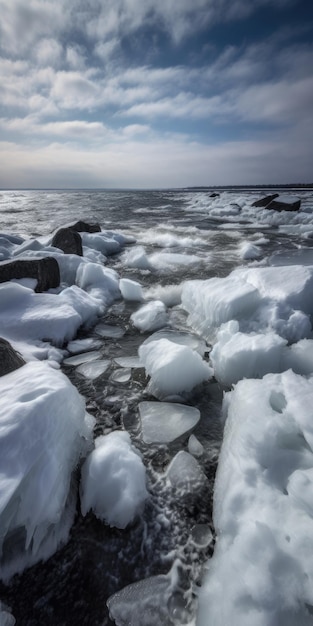 Foto uma grande quantidade de gelo está na margem do lago superior.