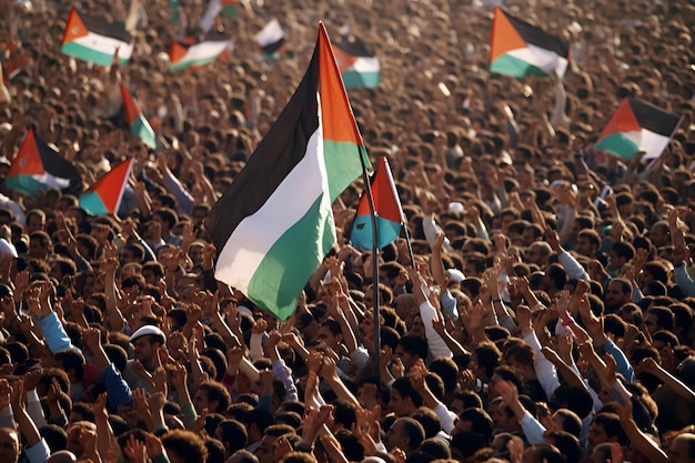 Uma grande reunião de indivíduos em uma manifestação de protesto segurando bandeiras palestinas
