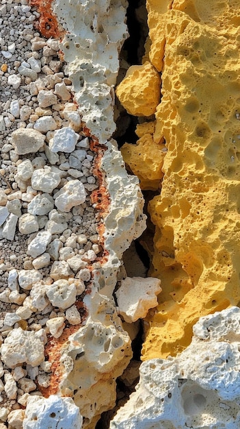 Uma grande rocha com um esquema de cores amarelo e branco