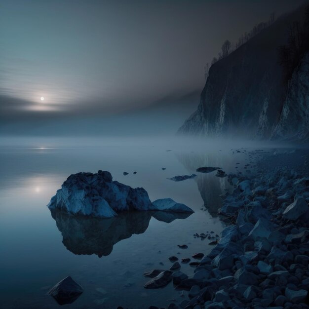 Uma grande rocha na margem de um lago com a lua ao fundo.