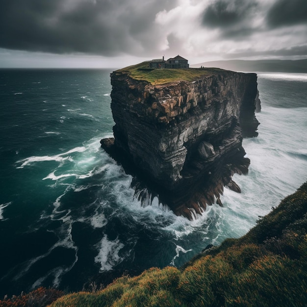 Uma grande rocha no oceano com um farol em cima.