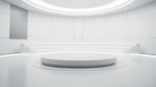 Uma grande sala branca com um pódio vazio no meio