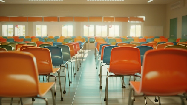 Uma grande sala com muitas cadeiras laranjas as cadeiras estão dispostas em fileiras e estão vazias