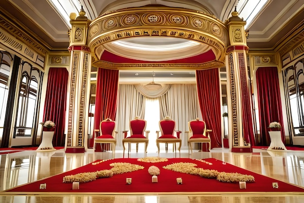 Uma grande sala com um candelabro vermelho e dourado e cadeiras vermelhas.