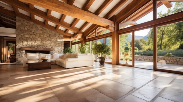 uma grande sala de estar com uma grande parede de vidro e grandes janelas