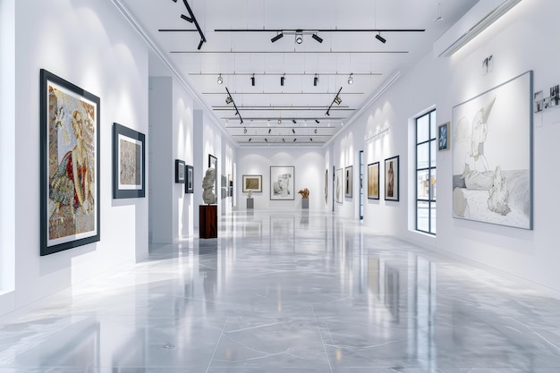 Uma grande sala de museu de arte com muitas pinturas nas paredes