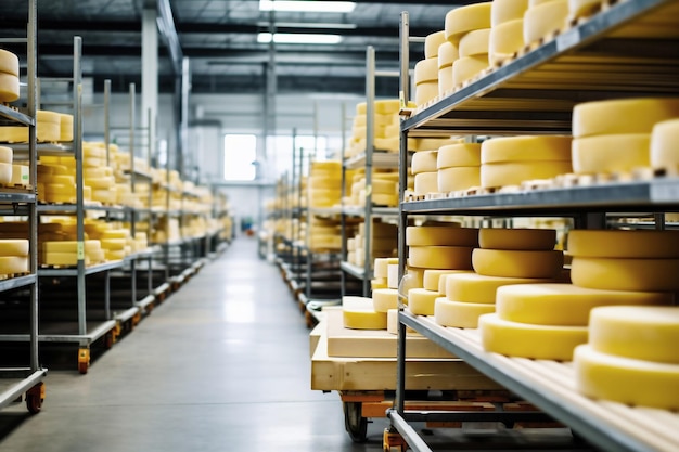 Uma grande sala de produção repleta de prateleiras e prateleiras com diferentes tipos de queijo O queijo amadurece em uma sala especial na fábrica Produção e armazenamento de queijo