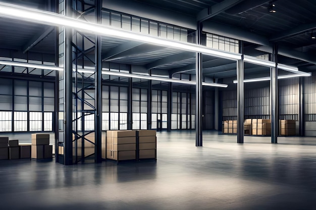 Foto uma grande sala vazia com um grande piso industrial e uma grande escadaria industrial.