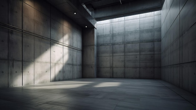 Uma grande sala vazia com uma parede de concreto e uma luz no teto.