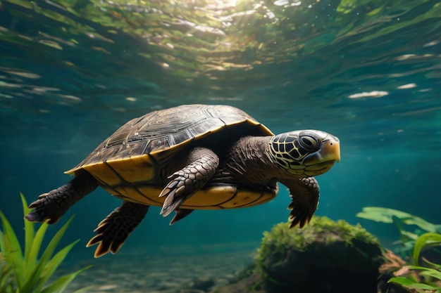 Uma grande tartaruga do rio Amazonas nadando debaixo d'água