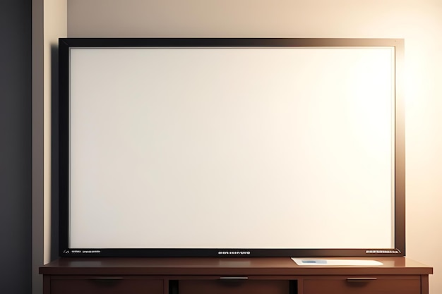 uma grande televisão de tela plana com uma tela branca que diz Samsung