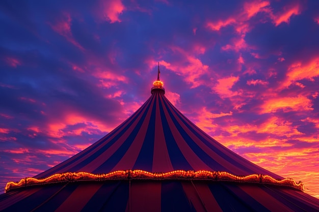 Uma grande tenda de raias arrojadas erguendo-se contra um céu crepuscular prometendo grandes apresentações