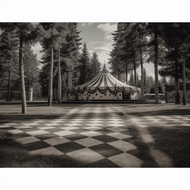 Uma grande tenda está em um parque com árvores e um fundo de céu.