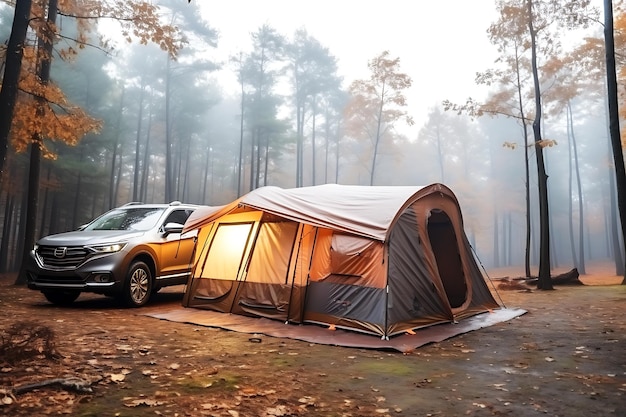 Uma grande tenda turística fica no meio da floresta em um clima nevoento e chuvoso de outono