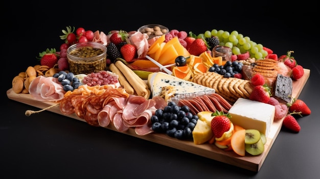 Uma grande travessa com queijo, carne e biscoitos com frutas.