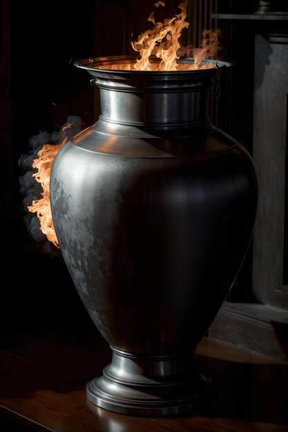 Uma grande urna de metal em cima de uma mesa de madeira
