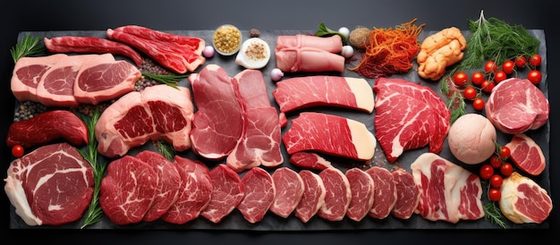 Uma grande variedade de carnes cruas dispostas em um fundo cinza A imagem está em formato panorâmico