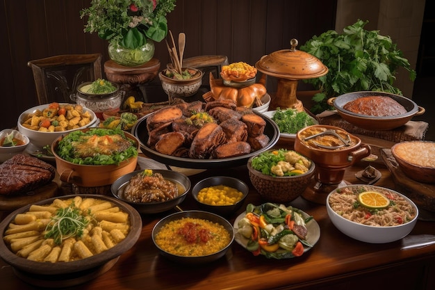 Foto uma grande variedade de comida brasileira em uma mesa colorida generativa ia