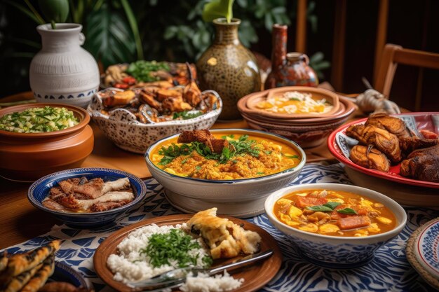 Uma grande variedade de comida brasileira em uma mesa colorida generativa IA