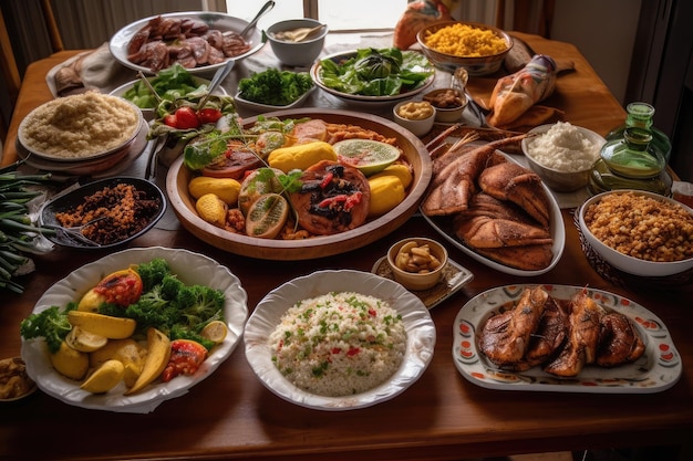 Uma grande variedade de comida brasileira em uma mesa colorida generativa IA