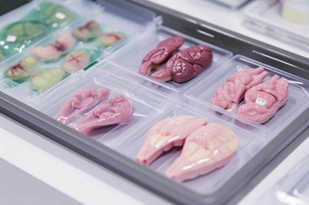 Foto uma grande variedade de diferentes tipos de alimentos apresentados juntos em uma vitrine órgãos impressos em 3d em uma bandeja médica gerado por ia