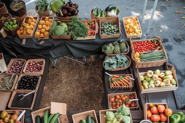 Uma grande variedade de frutas e legumes é exibida em cestas