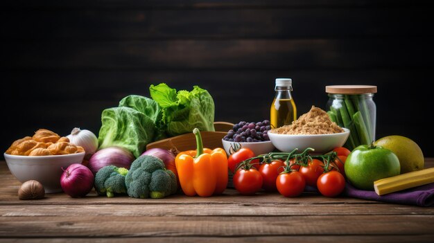 Foto uma grande variedade de frutas e legumes saudáveis para alimentos vegetarianos