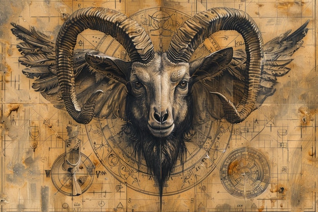 Uma gravura detalhada de Baphomet cercada por artefatos místicos e símbolos de alquimia