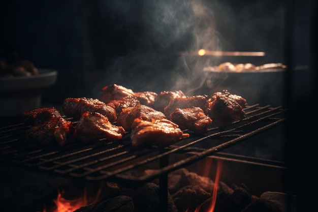 Uma grelha com asas de frango é iluminada por um fogo.