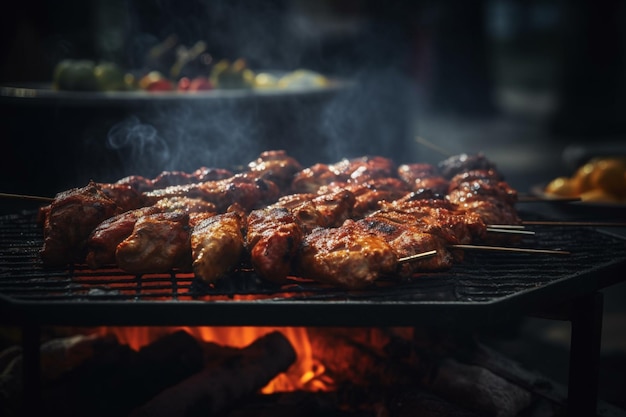 Uma grelha com carne e a palavra comida