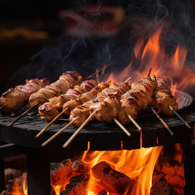 Foto uma grelha com carne e as chamas acesas.