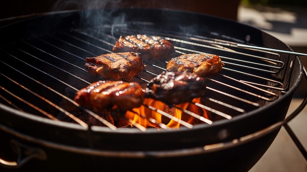 Uma grelha com carne e as chamas na grelha são visíveis.