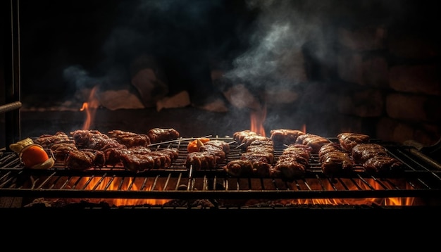 Uma grelha com carne e as chamas saindo do fundo