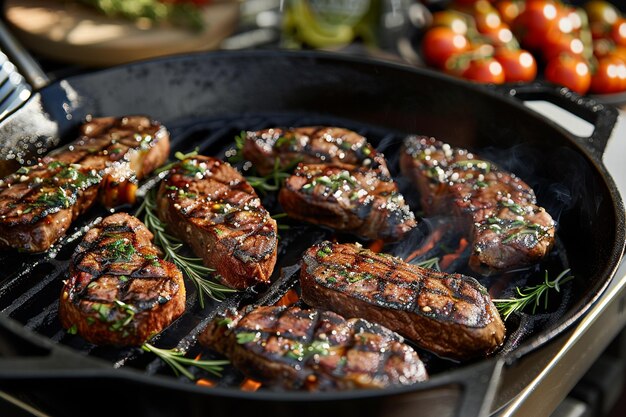 uma grelha com carne e vegetais cozinhando nela