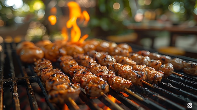 Foto uma grelha com carne e vegetais e fumaça saindo dela