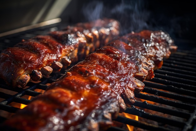 uma grelha com costelas e carne a cozinhar