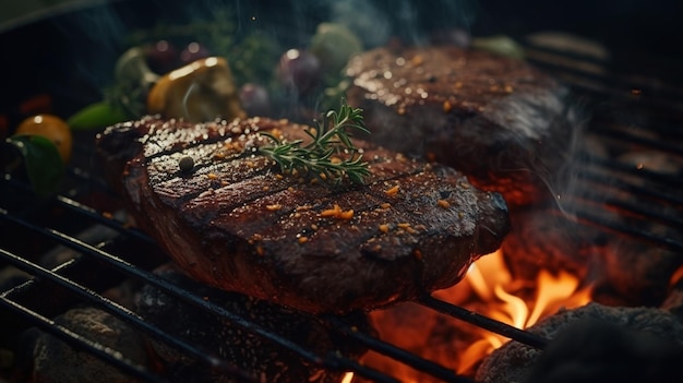 Uma grelha com um pedaço de carne e um raminho de alecrim na grelha.