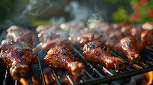 Uma grelha de churrasco cheia de pernas de frango marinadas cozinhando à perfeição sob o sol do verão