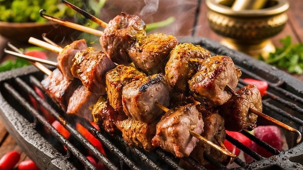 uma grelha de churrasco com carne e vegetais cozinhando nele