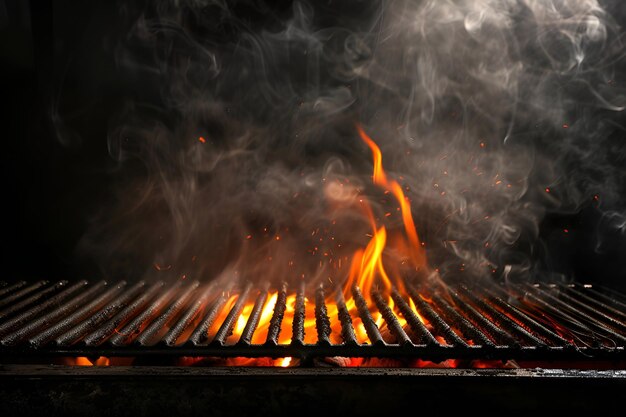 Foto uma grelha de churrasco emite fumaça contra um fundo escuro