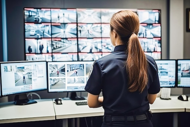 Foto uma guarda de segurança olha para os monitores da câmera na sala de segurança