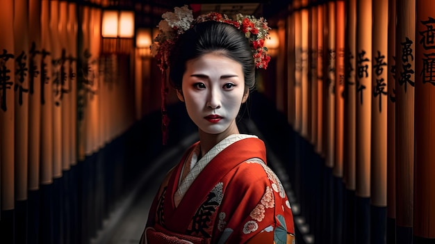 Uma gueixa em um quimono vermelho está em um corredor.