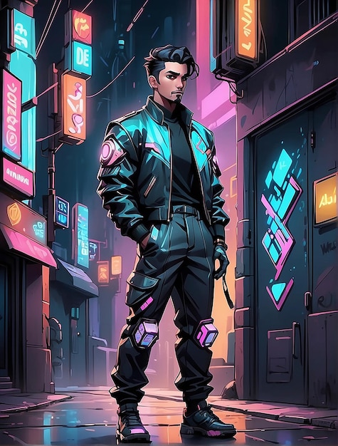 Foto uma guerreira e um guerreiro com uma arma moderna em uma cidade de néon cyberpunk