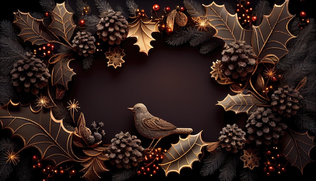 Uma guirlanda de natal com um pássaro e uma decoração de natal dourada.