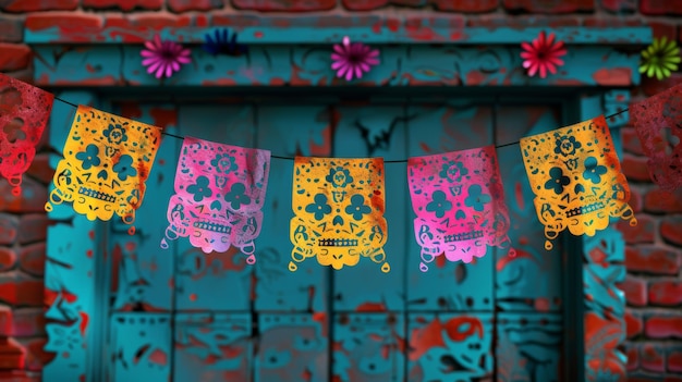 Foto uma guirlanda de papel picado multicolor 3d com tema do dia dos mortos com símbolos do méxico para o feriado de dia de los muertos