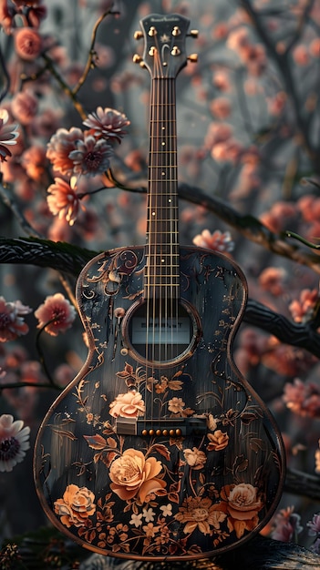 Foto uma guitarra adornada com flores repousa em um galho de árvore