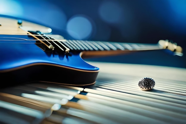 Foto uma guitarra azul com corpo preto e fundo azul