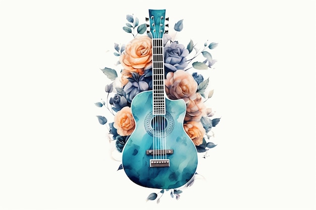 Uma guitarra azul com rosas no fundo