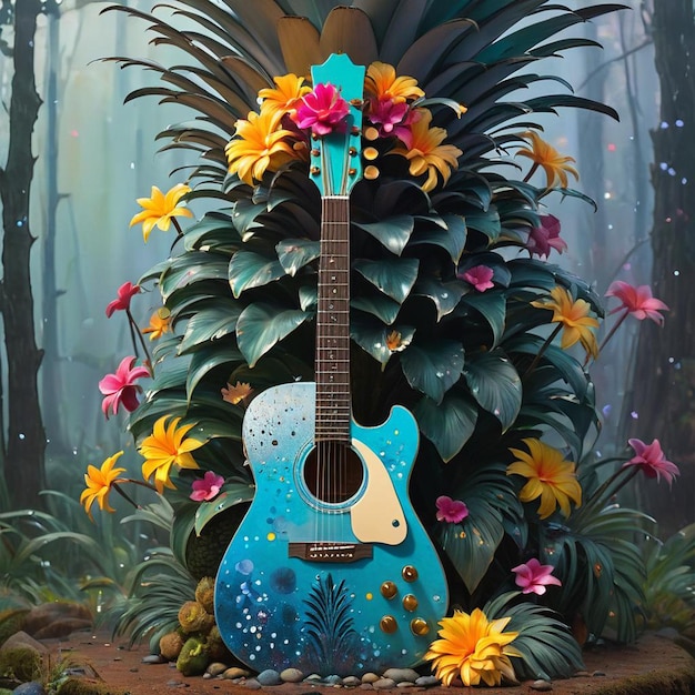 Uma guitarra azul está num jardim com flores e plantas e uma maçã de pinheiro.